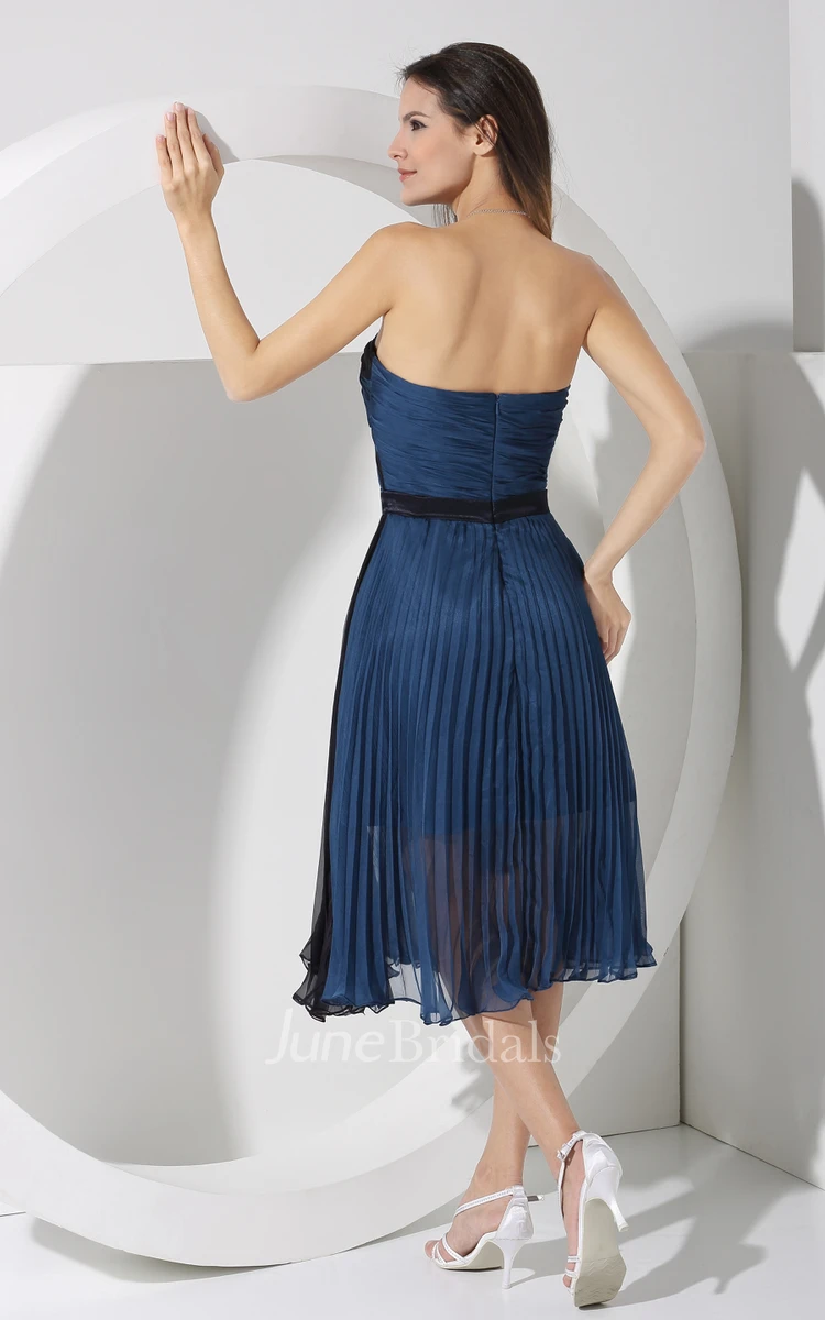 Strapless Chiffon Tea-Length Dress With Pleats