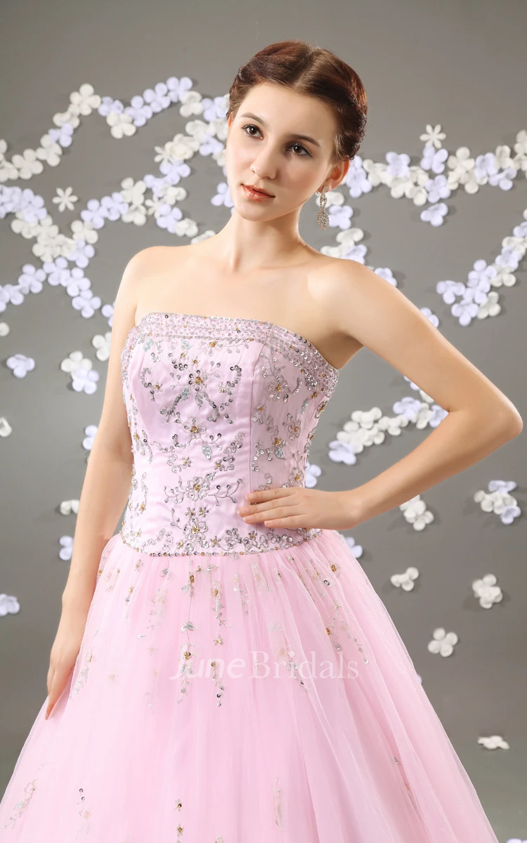 Strapless A-Line Blushing Ball Gown With Crystal Detailing And Soft Tulle