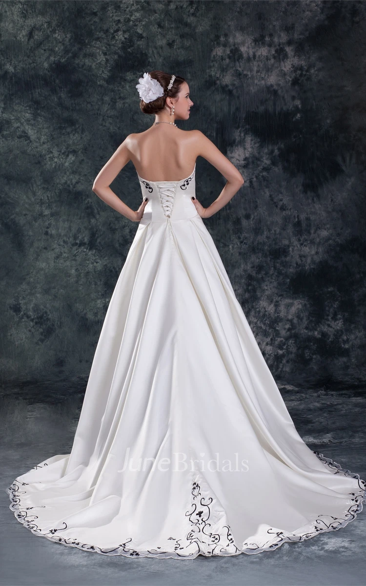 Strapless Satin Pleated Ball Gown with Embroideries