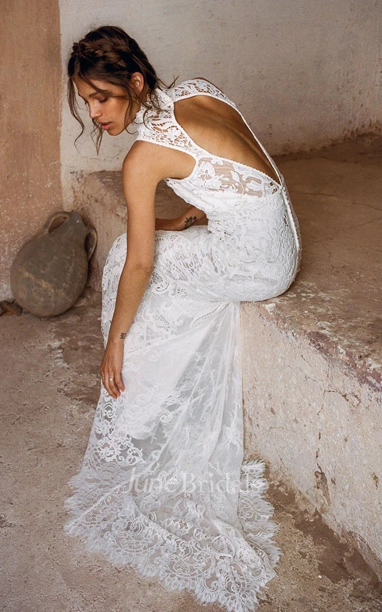 Bohemian Lace High Neck Sleeveless Bridal Gown with Sweep Train