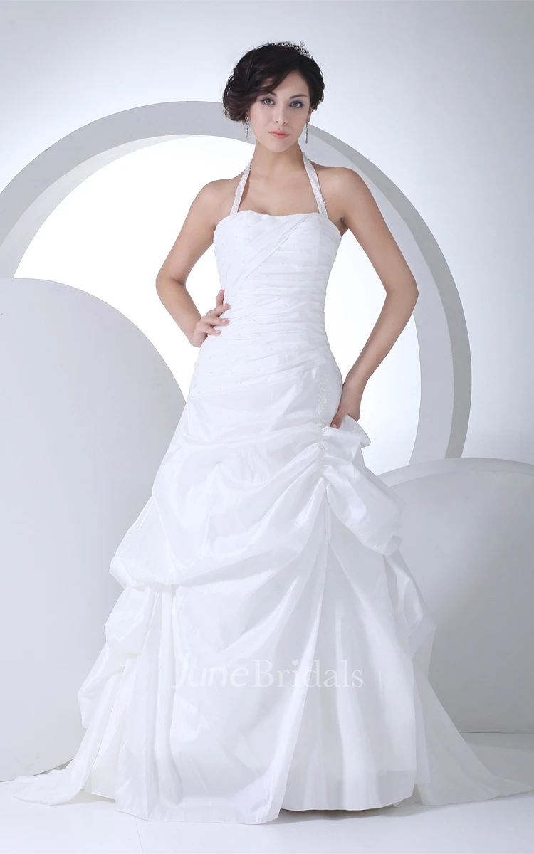 Ruched A-Line Pick-Up Gown with Halter and Corset Back