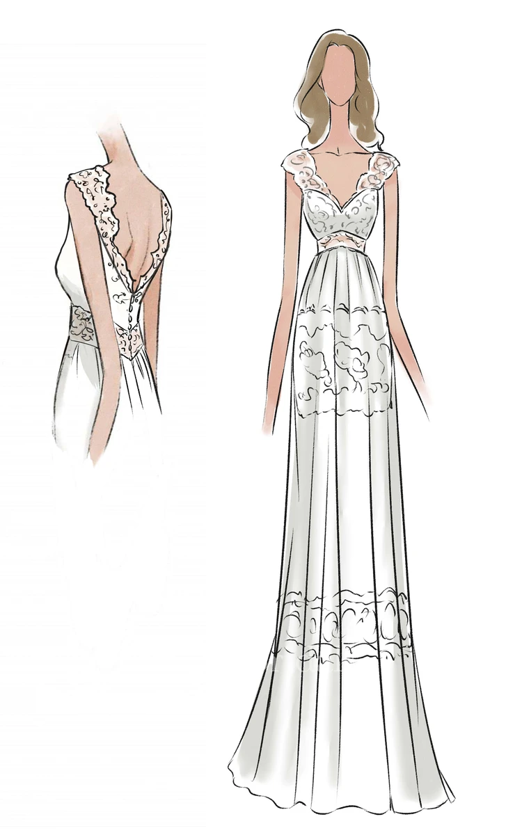Boho Country Beach V-Neck Long Cap-Sleeve Appliqued Lace&Chiffon Wedding Dress