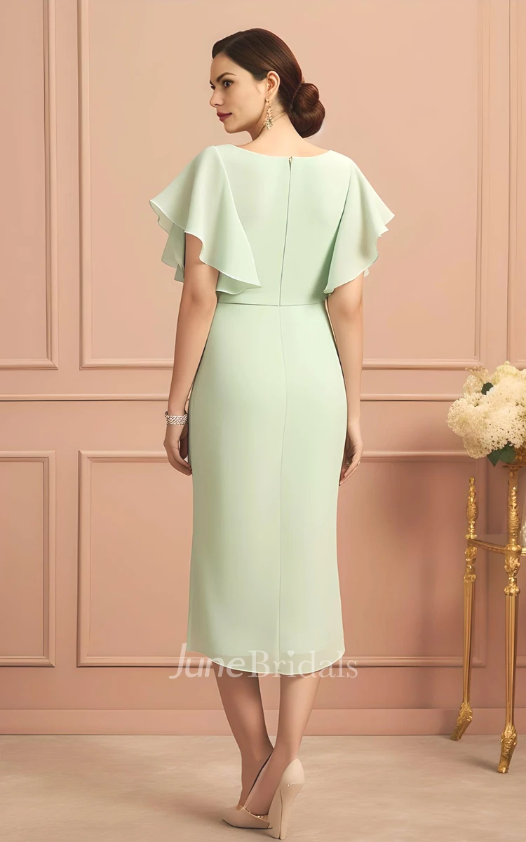 Bohemian Sheath V-neck Chiffon Short Sleeve Mother of the Bride Dress Simple Modest Elegant Tea-length