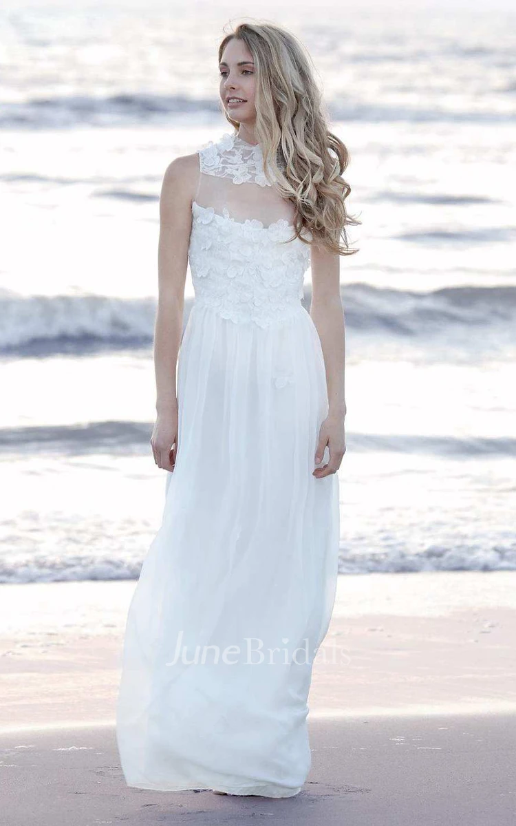High Neck Illusion Sleeve Chiffon Lace Wedding Dress
