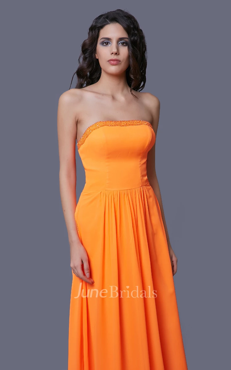 Chiffon Floor Length Strapless Dress With Beaded Top