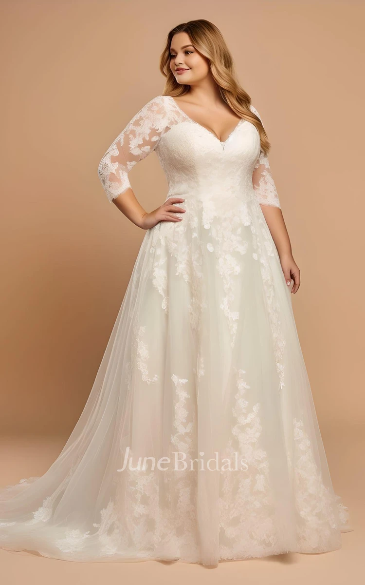 Romantic Floral Plus Size A-Line Boho Floor Wedding Dress with Sleeves Country Garden Simple Elegant V-Neck Tulle Bridal Gown