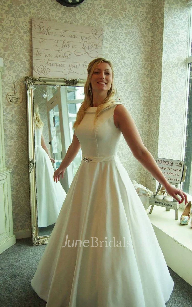 Full Length A-Line Satin Wedding Dress With Beaded Sash