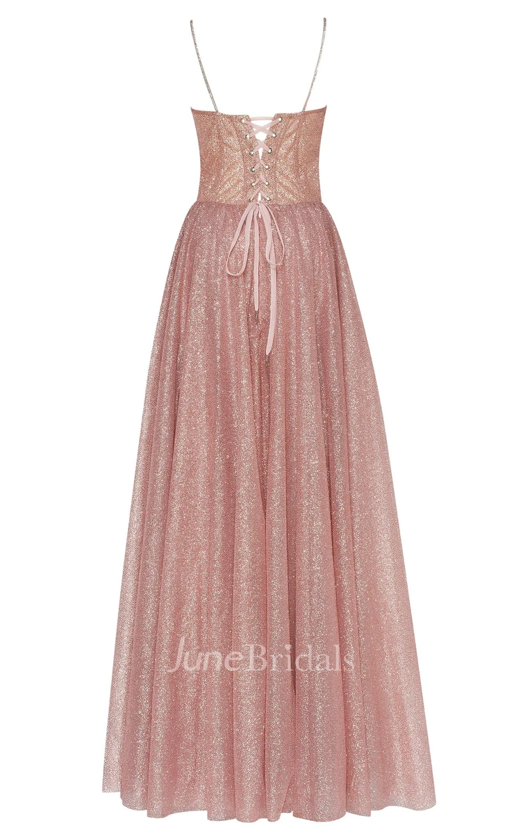 Casual A-Line Spaghetti Sequins Prom Dress With Open Back And Bow