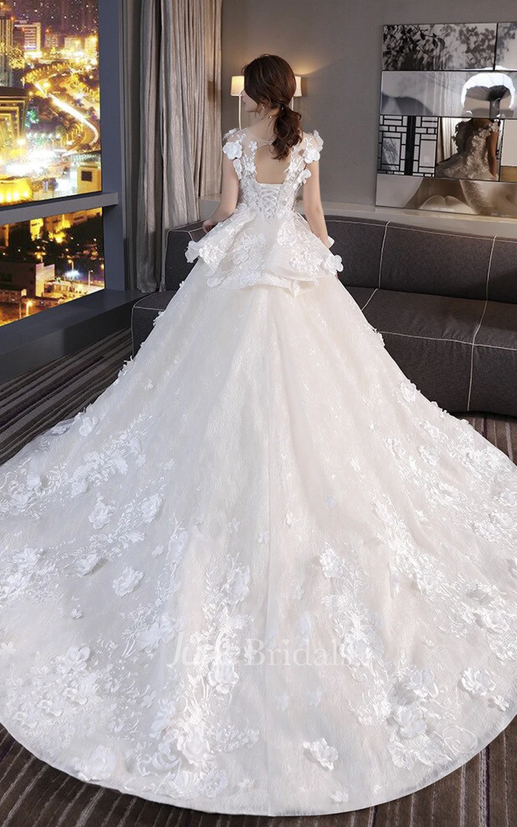 Princess 3D Floral Appliqued Cap Sleeve Lace Wedding Ball Gown With Peplum Skirt And Lace up