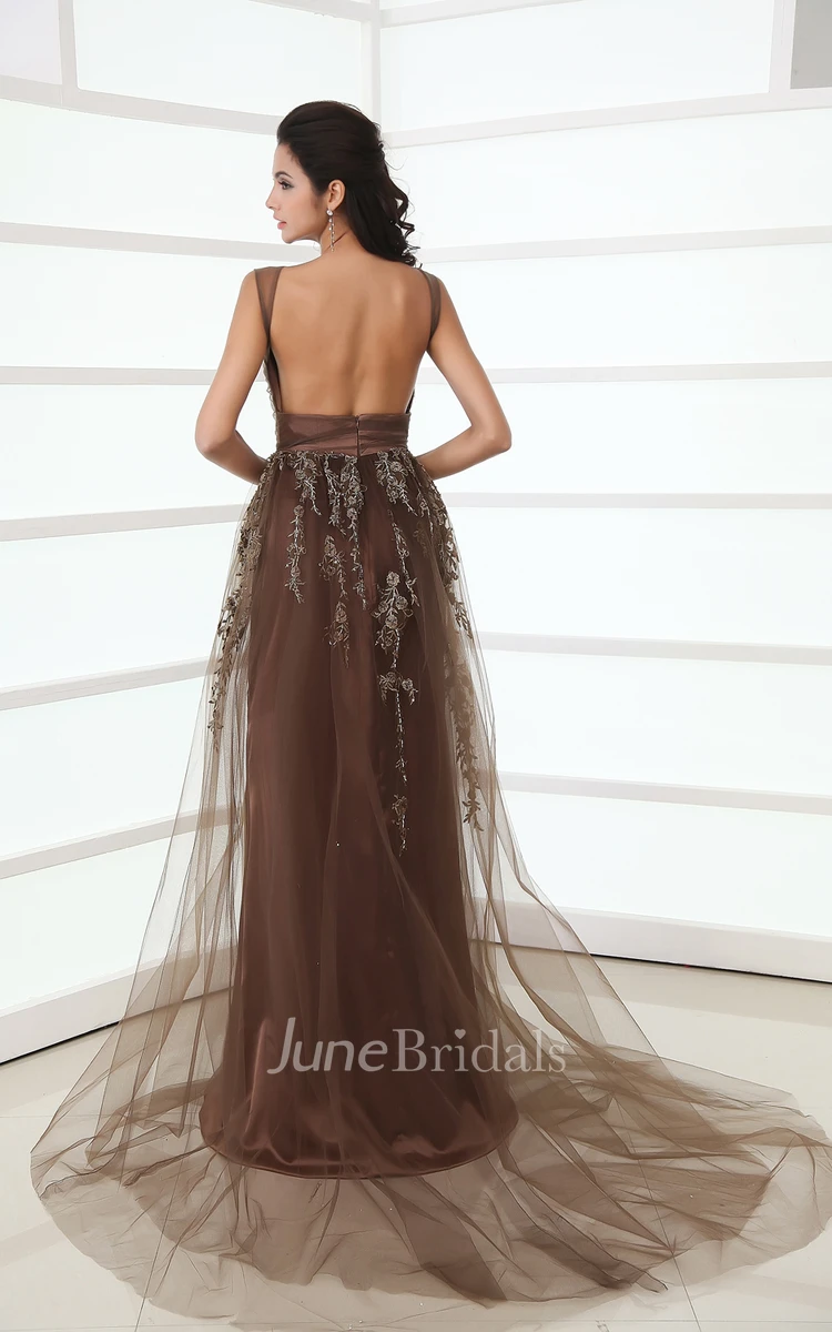 Tulle Cap-Sleeved A-Line Backless Gown With Sequins And Embroidery