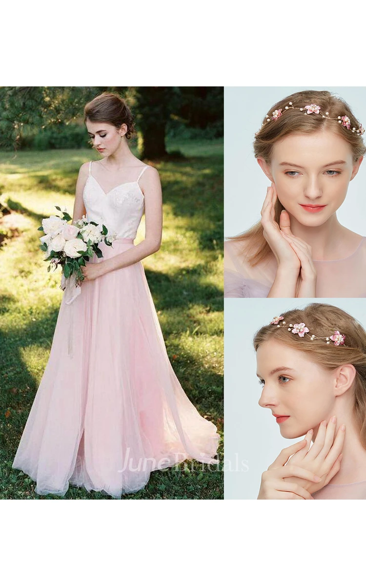Two-Tone Spaghetti Tulle Dress With Low-V Back and Pink Petal Pearl Headdress