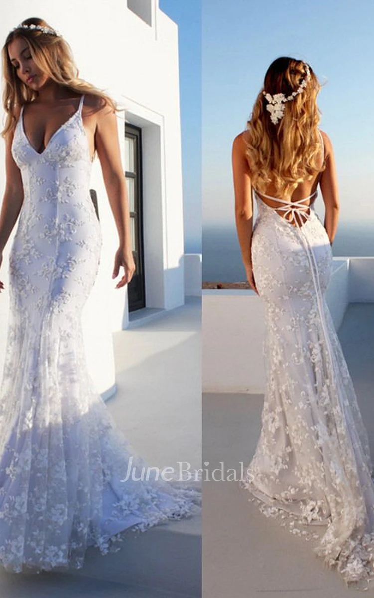 Mermaid Spaghetti Lace Simple Wedding Dress Sexy Bohemian Elegant