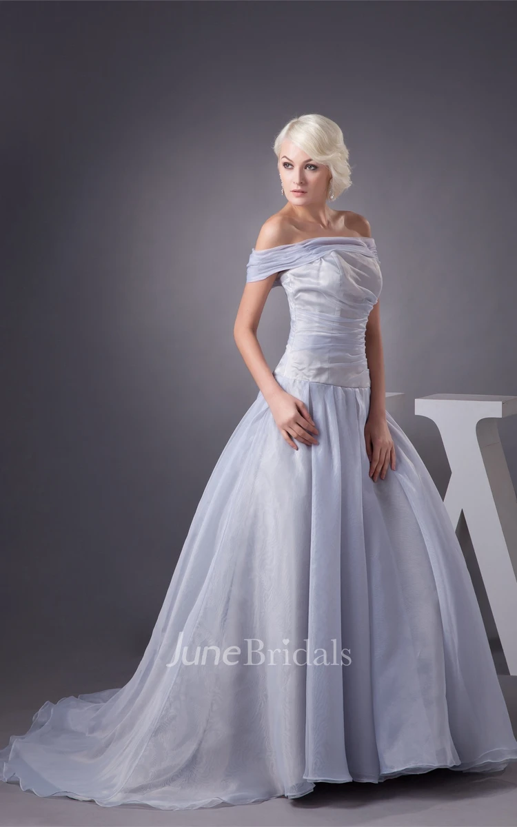 Off-The-Shoulder Ruched A-Line Gown with Pleats and Brush Train