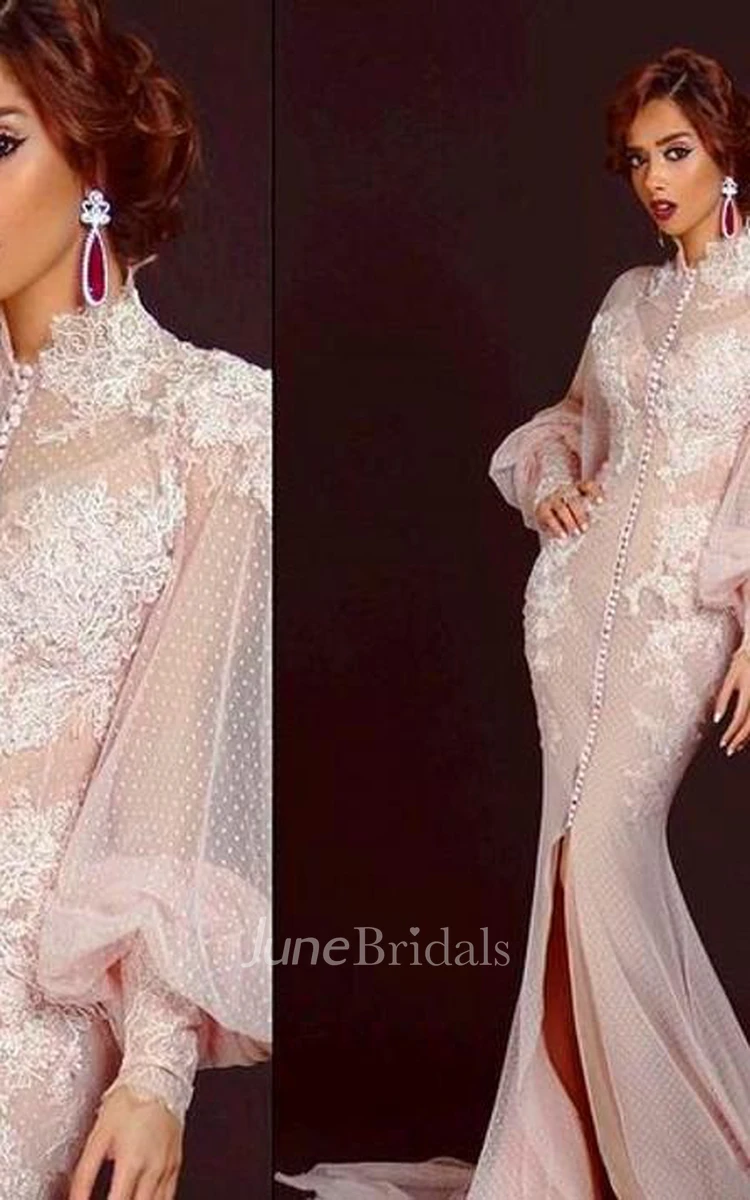 Modern High Neck Long Sleeve Mermaid Prom Dress With Lace Appliques