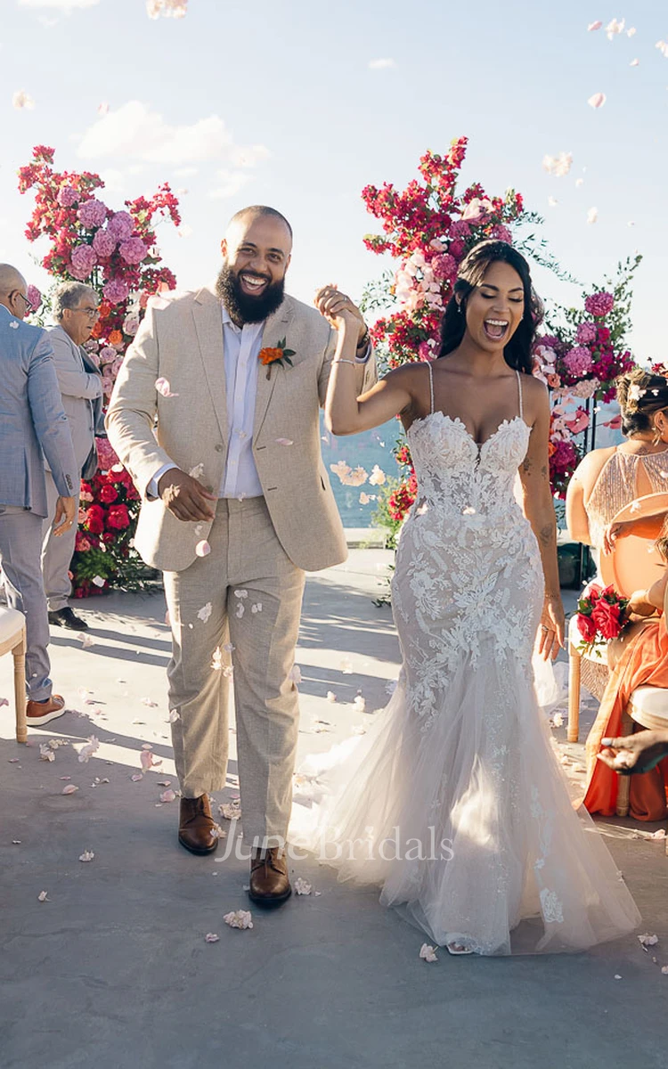 Summer Elopement Mermaid Boho Lace Beach Wedding Dress Modern Trumpet Spaghetti Straps Garden Bridal Gown
