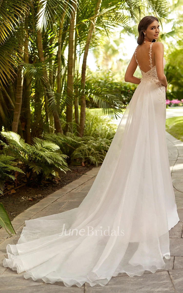 V-neck A-Line Satin Beach Wedding Dress Casual Sexy Western Romantic Adorable Simple With Deep-V Back And Appliques