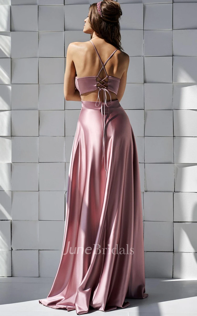 Modern Satin Spaghetti A Line Floor-length Prom Dress with Ruching and Split Front