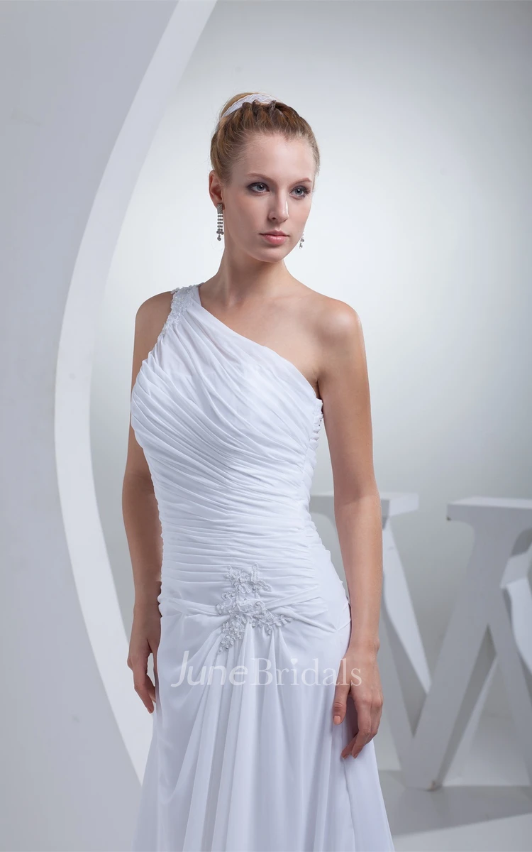 One-Shoulder Ruched Maxi Dress with Appliques and Brush Train