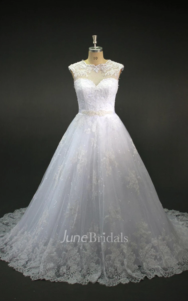 Jewel Neck Cap Sleeve A-Line Lace Wedding Dress With Sheer Back