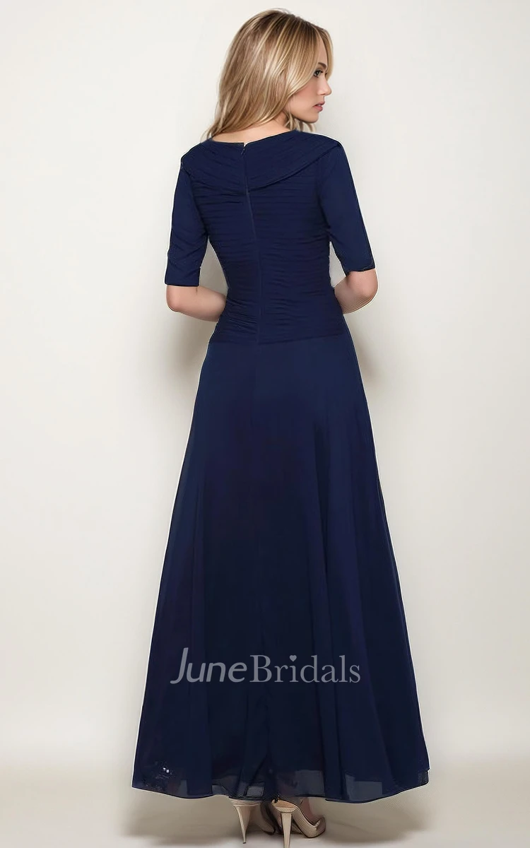 Modest Elegant A-Line V-Neck Chiffon Sleeved MOB Gown Simple Classic Navy Blue Ankle Length Wedding Guest Dress