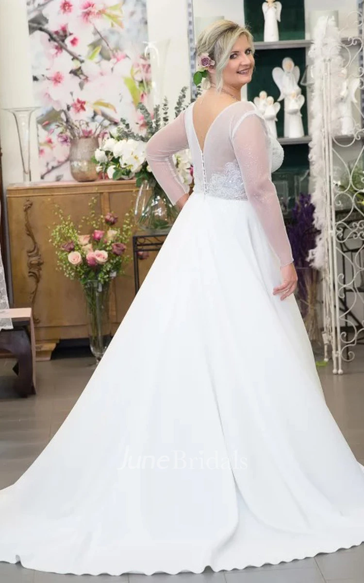 Elegant A Line V-neck Floor-length Long Sleeve Satin Wedding Dress