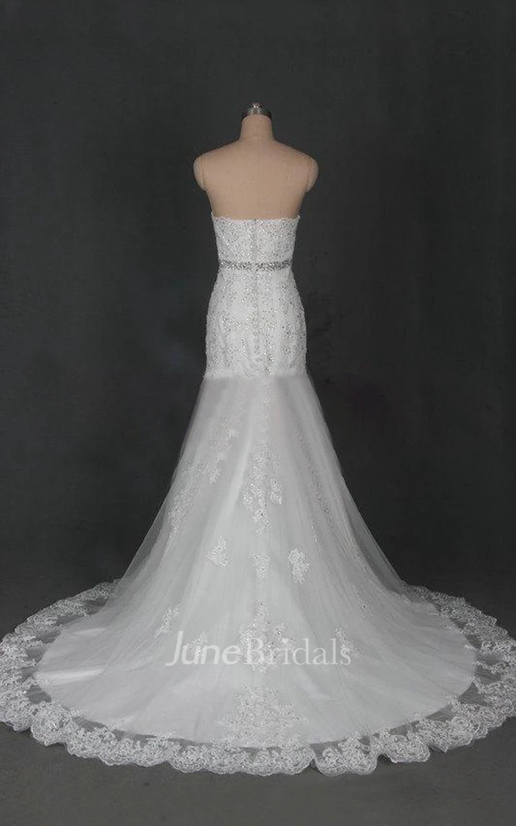 Strapless Backless Mermaid Long Tulle Wedding Dress With Sash And Sequins