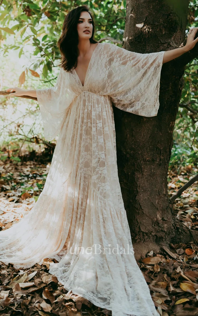 A-Line Plunging Neckline Lace Wedding Dress Beach Simple Casual Sexy Bohemian Summer With Open Back And Bat 3/4 Length Sleeves