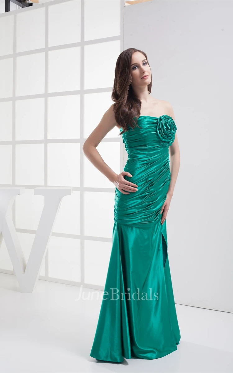 Strapless Mermaid Front-Split Dress with Ruching and Flower