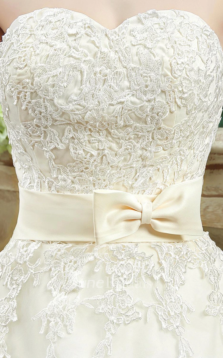 Newest Sweetheart Lace Appliques Wedding Dress Bowknot Sweep Train