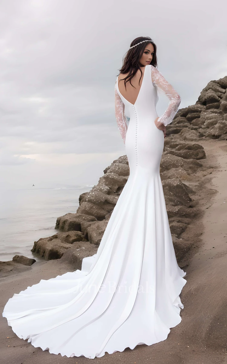 Modest Simple Mermaid Long Sleeve Satin Wedding Dress Beach Romantic Fall High Neck Low Back Floor Length Chapel Train Bridal Gown