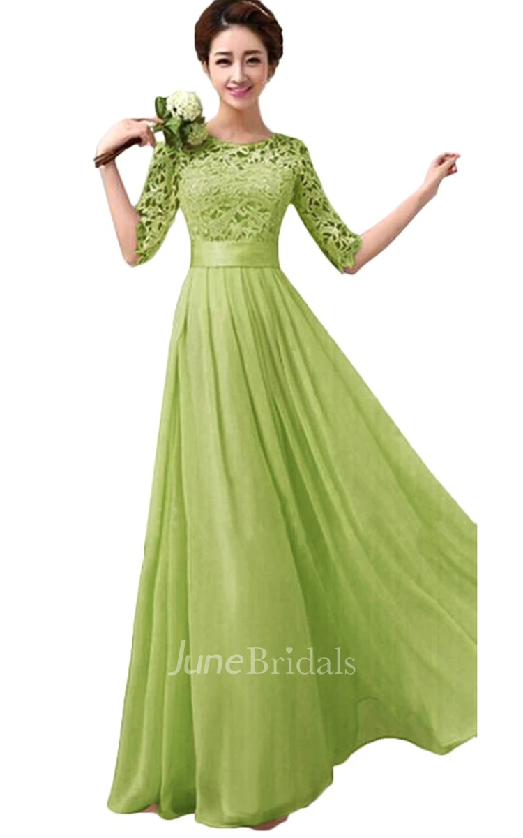 Scoop Long Bridesmaid Gown With Lace Bodice and Belt