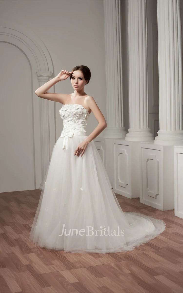 Strapless A-Line Gown with Floral Embellishment and Tulle Overlay