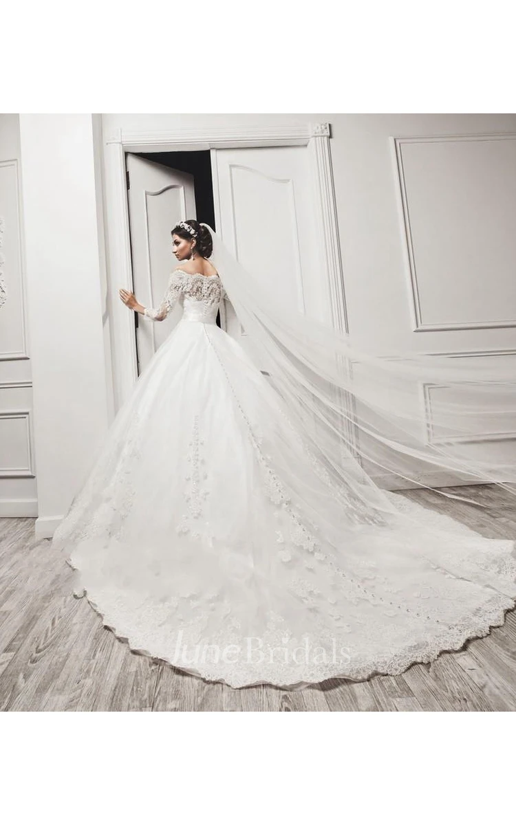 Delicate Tulle Lace Appliques Wedding Dress 3 4-Length Sleeve Beadings