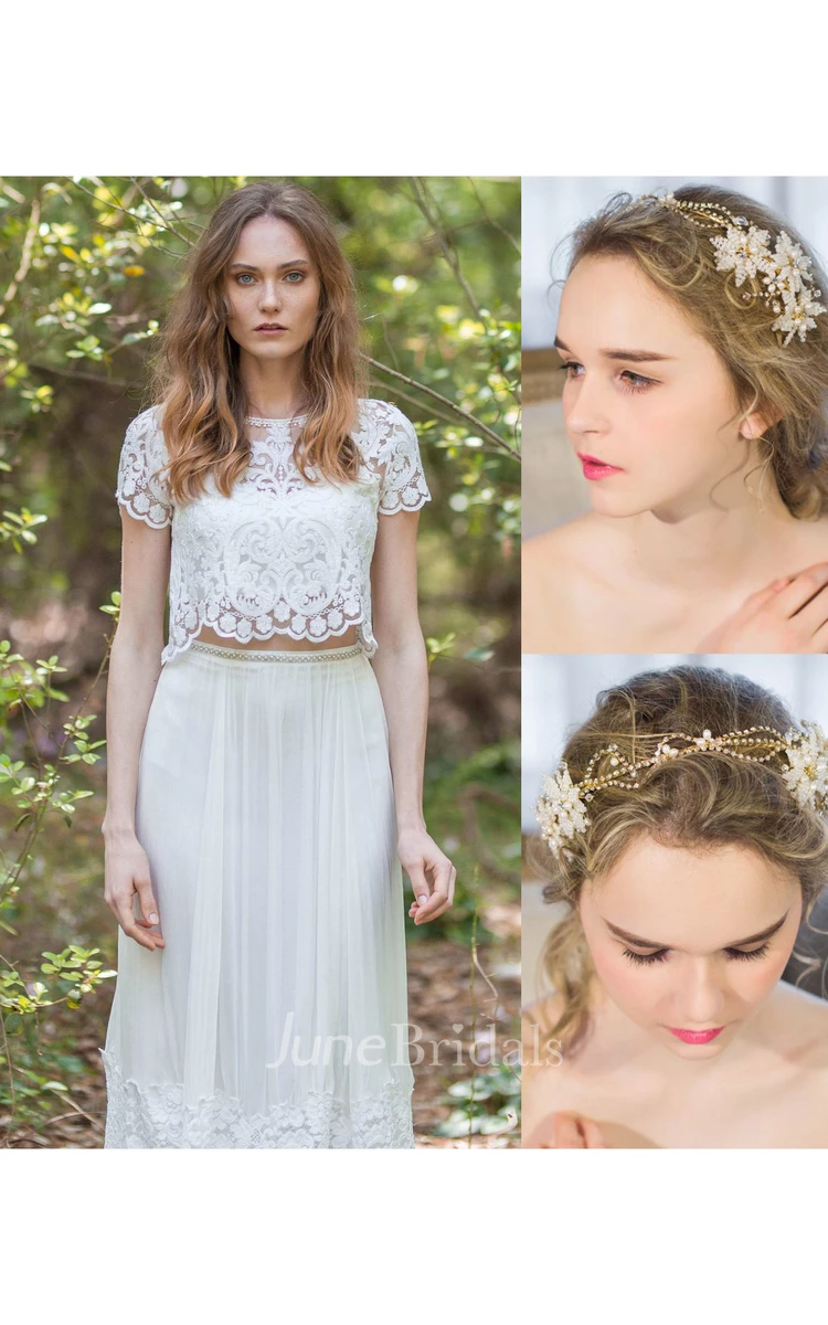 Chiffon Sequins Beaded Lace Wedding Dress and Beautiful Three-dimensional White Flowers Rhinestones Bead Headband