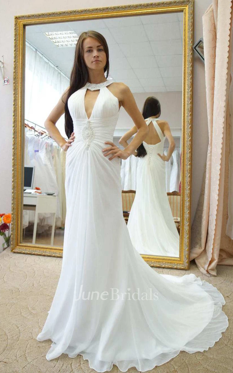 High Neck Sleeveless Chiffon Ruched Wedding Dress With Sweep Train And Corset Back