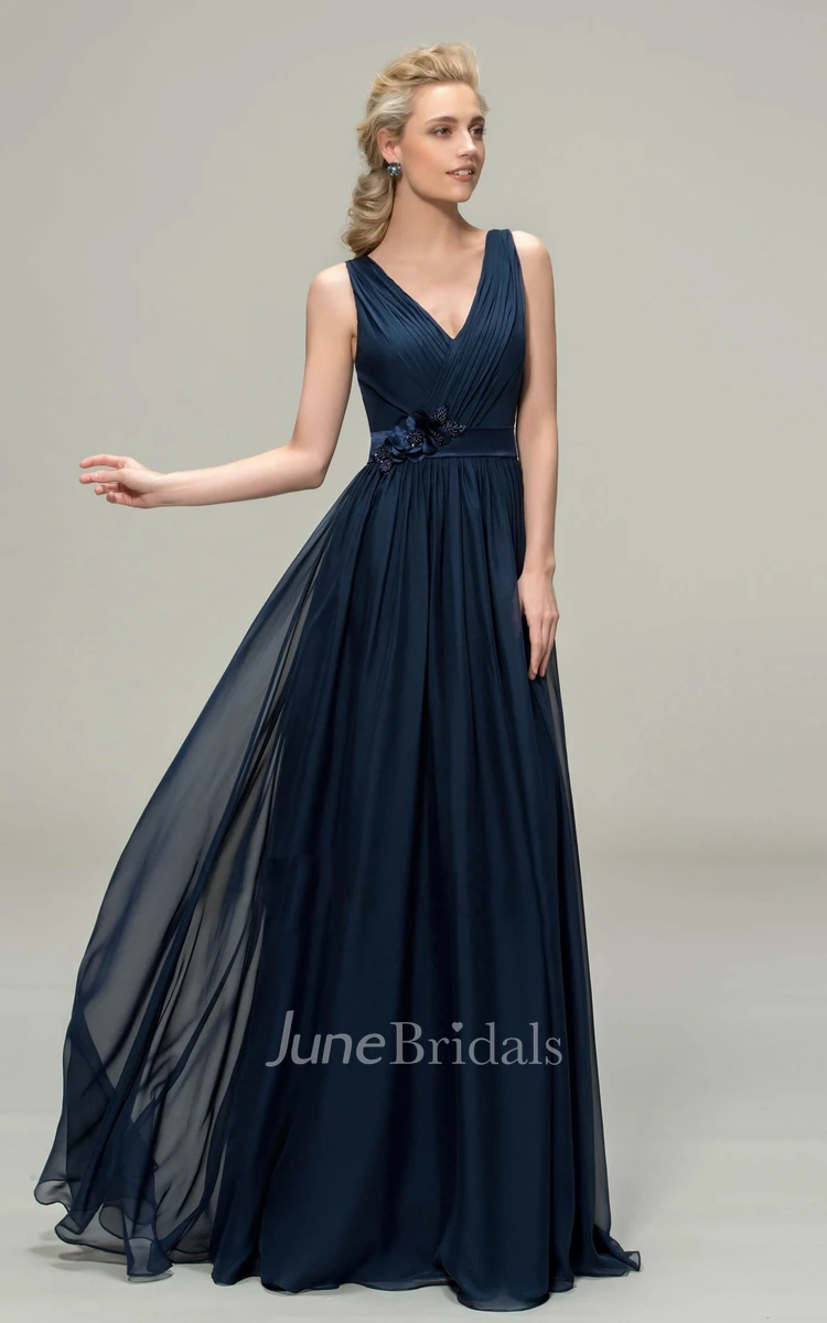 V-neck Romantic Sleeveless Chiffon Floor-length Dress With Floral Appliques And Sash