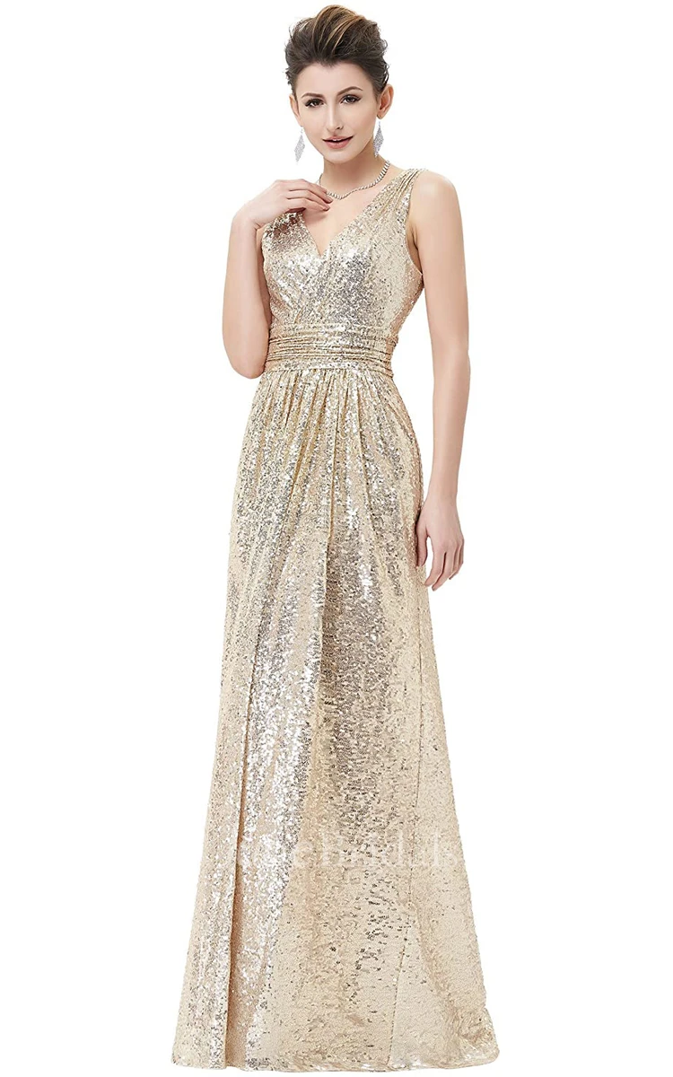 Luxury A Line V-neck Sequins Sleeveless Bridesmaid Dress