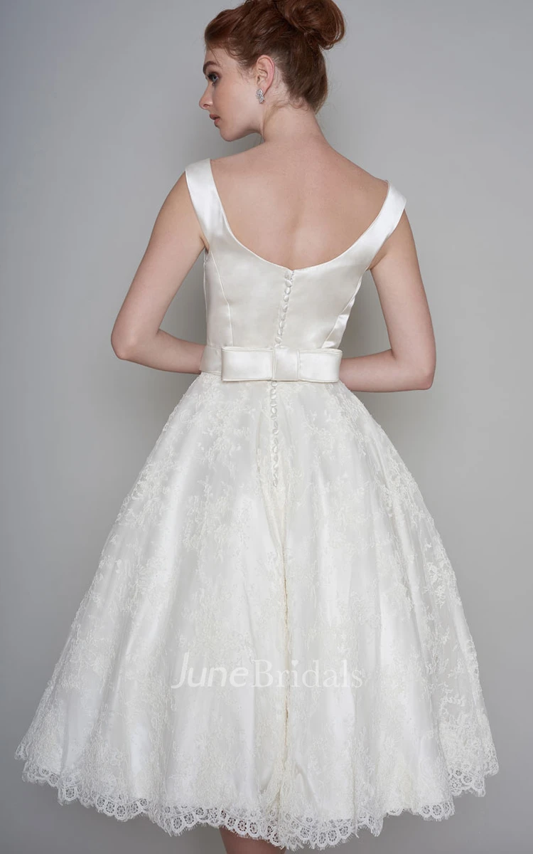 Simple Satin and Lace A-line Off-the-shoulder Tea-length Bridal Gown