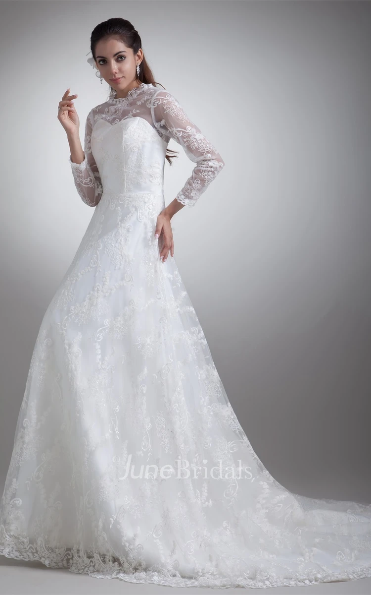 Lace High-Neck A-Line Dress with Illusion Long Sleeve
