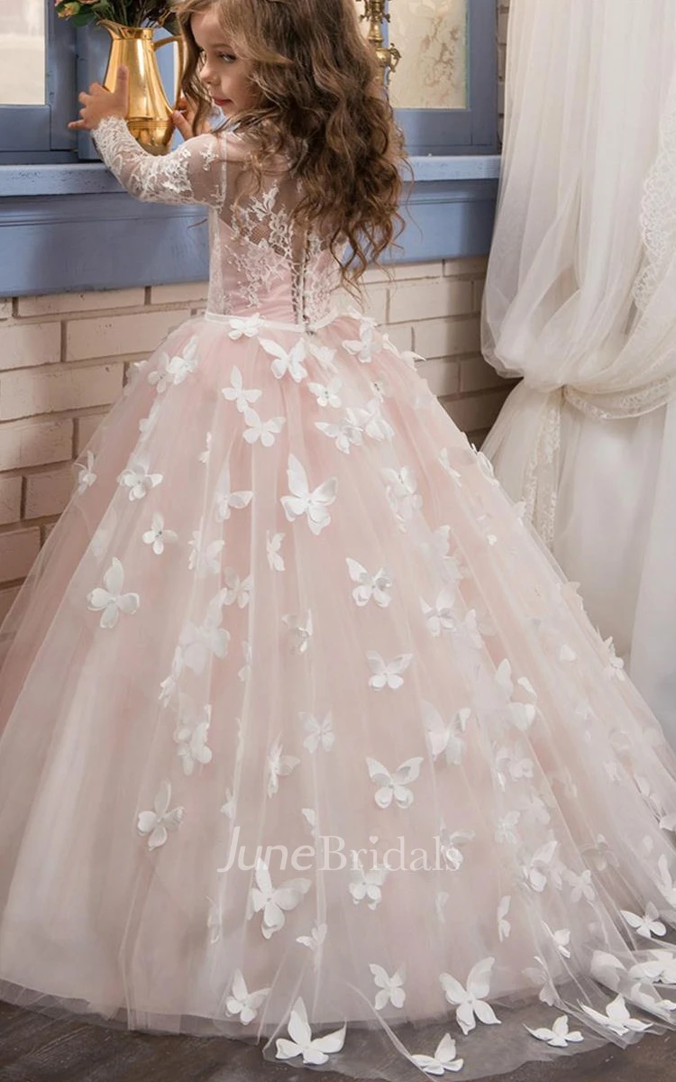 Ball Gown Tulle and Lace Bateau Long Sleeves Appliqued Flower Girl Dress