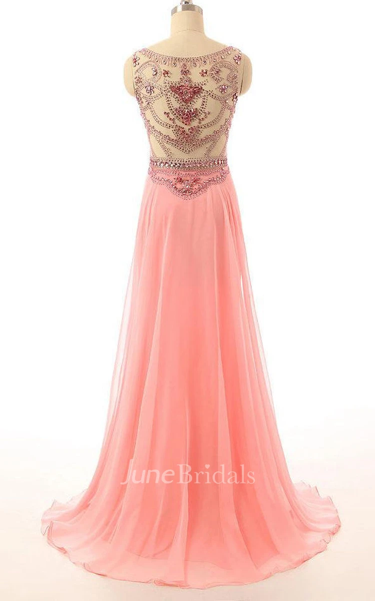 Handmade Crystal Beads Pink Prom Chiffon Evening Long Bridesmaid Wedding Party Prom Gowns Dress