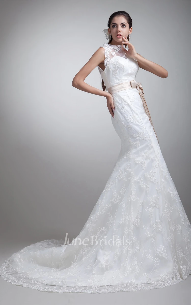 bateau-neck trumpet sleeveless dress with illusion back and bow