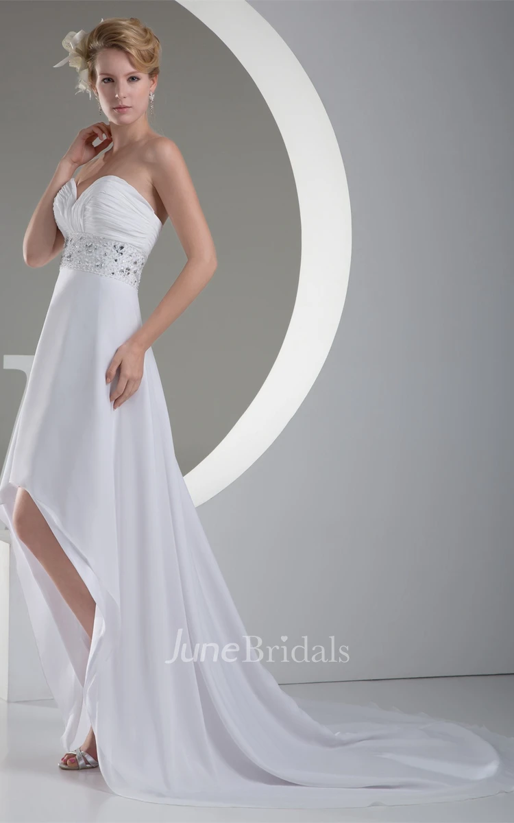 Sweetheart High-Low A-Line Ruched Dress with Beaded Sash