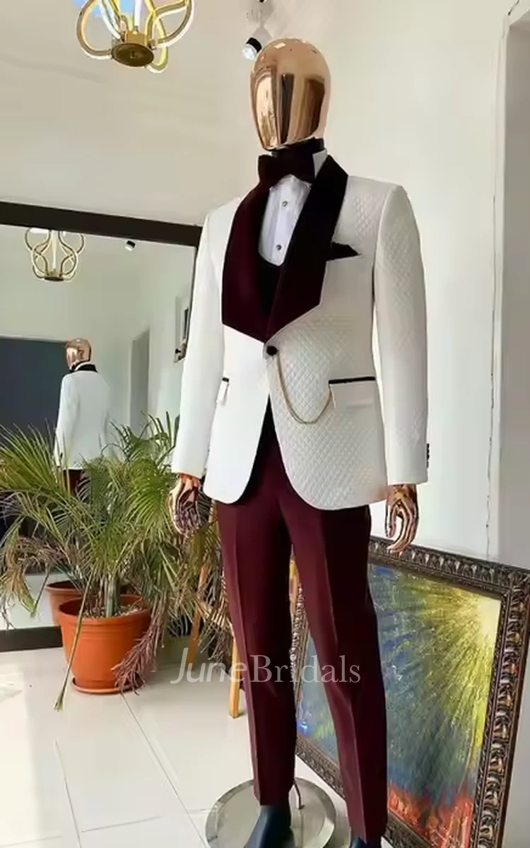 Modern Burgundy Ivory 3-Piece Suit Velvet Shawl Lapel Wedding Tuxedo Blazer Jacket Vest Pants