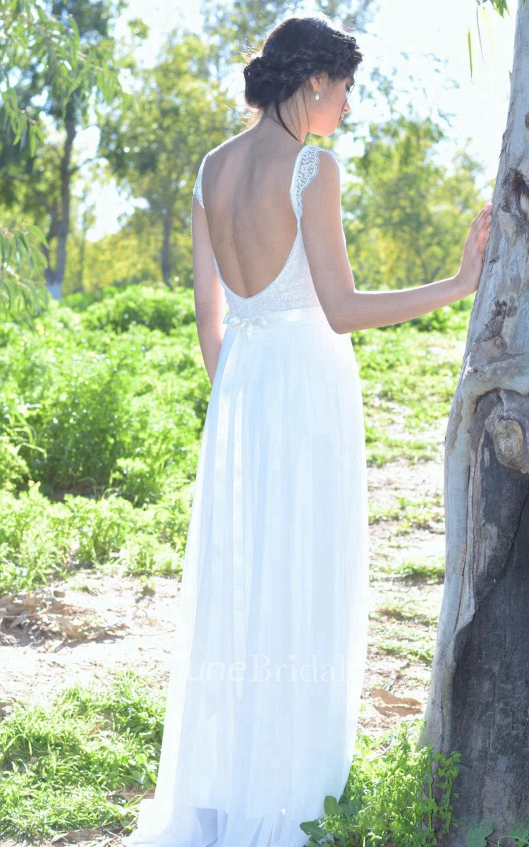 V-Neck Sleeveless A-Line Chiffon Wedding Dress With Lace Bodice