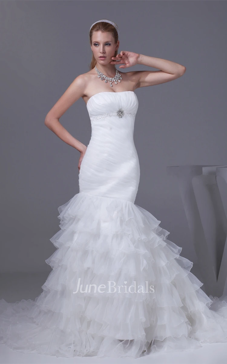 Strapless Tiered Tulle Dress with Ruching and Broach