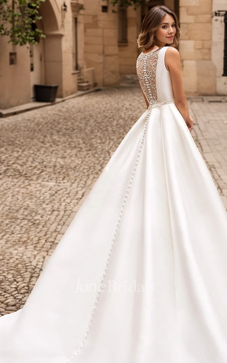 Simple Modest A-Line Sleeveless Wedding Dress Vintage Elegant Boho Lace Back Bridal Gown with Pockets