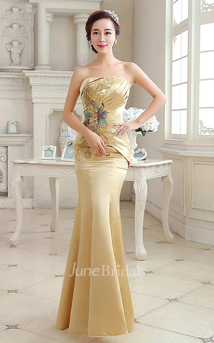 Strapless Ruched Long Satin Dress With Appliques