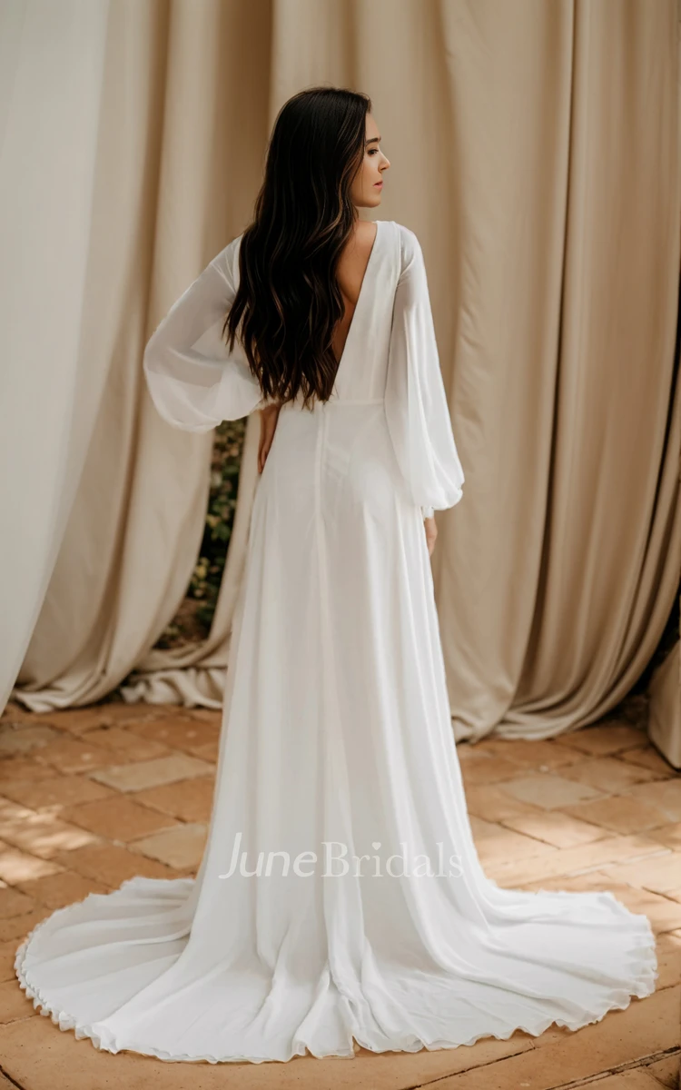 Romantic Modest A-Line Boho Long Sleeve Reception Wedding Dress Modern Simple Chiffon Lace Illusion V-Neck Low Back Bridal Gown