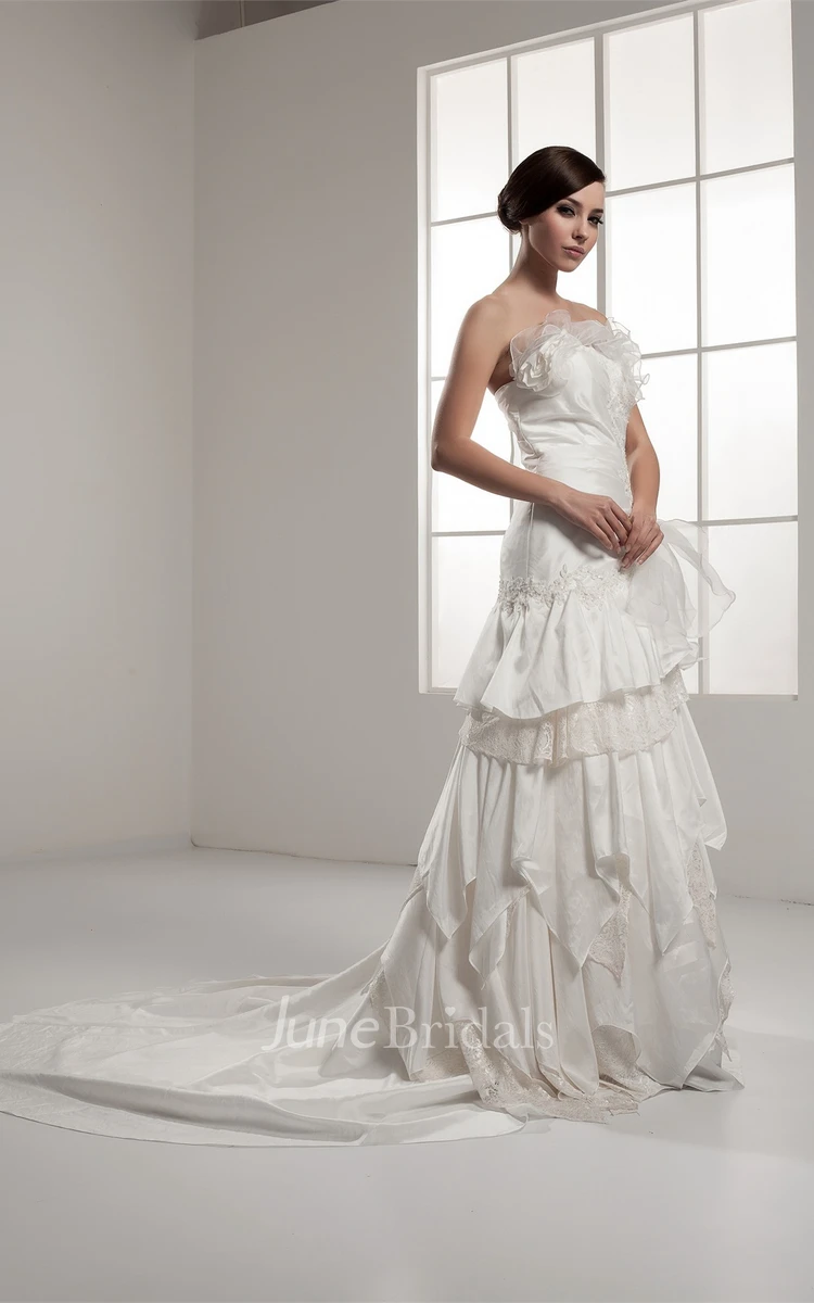 Strapless Ruched A-Line Dress with Lace and Cascading Ruffles